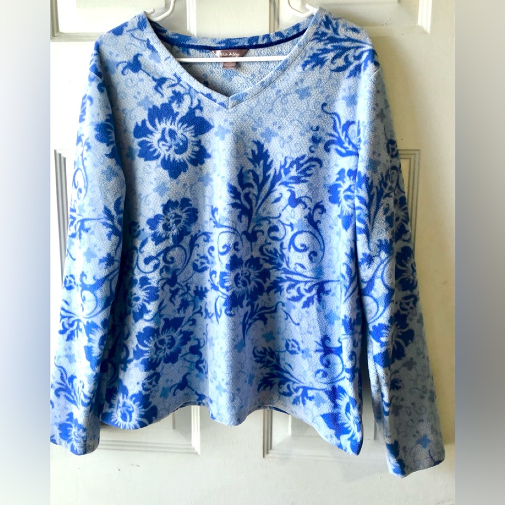 White Stag Two Tone Blue Damask Floral Print Poly Fleece Pullover Top Sz XXL 20
